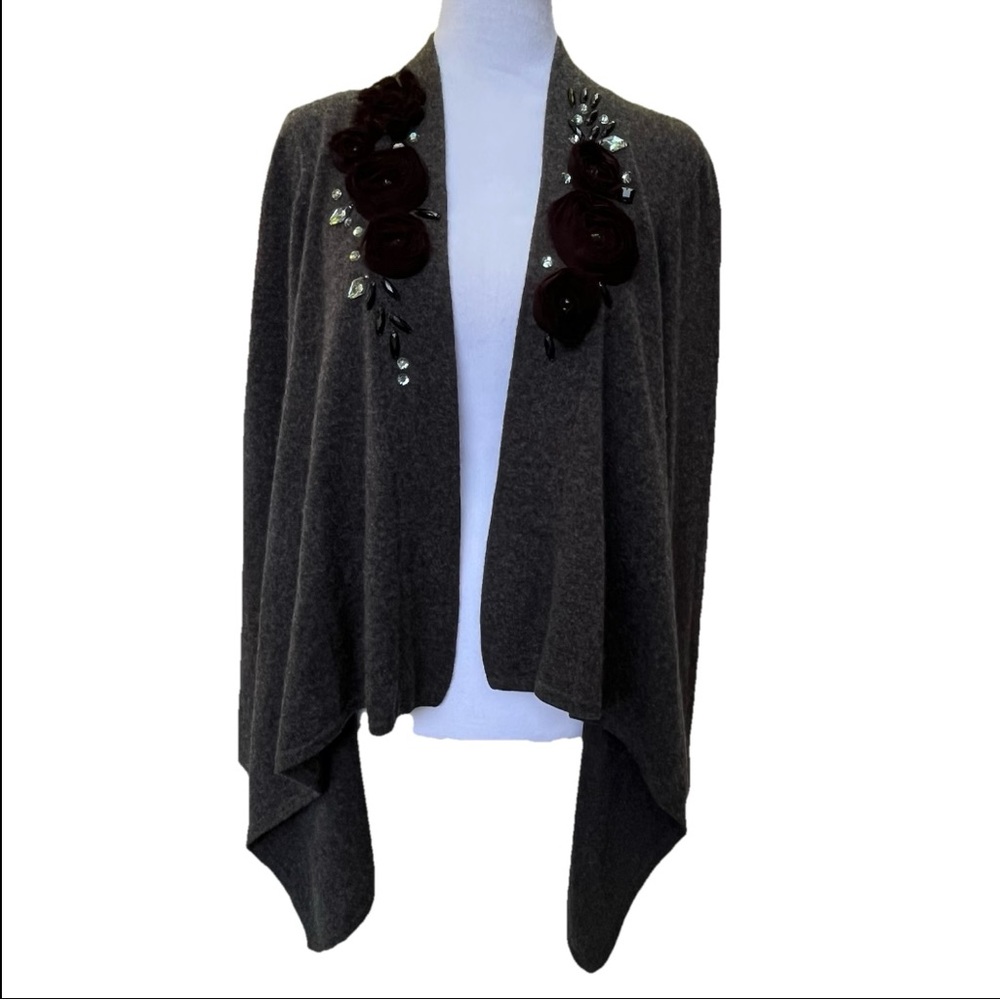 Saks 5th Avenue Open‎ Gray Cardigan Cashmere Small Embellished Beaded Lagenlook
